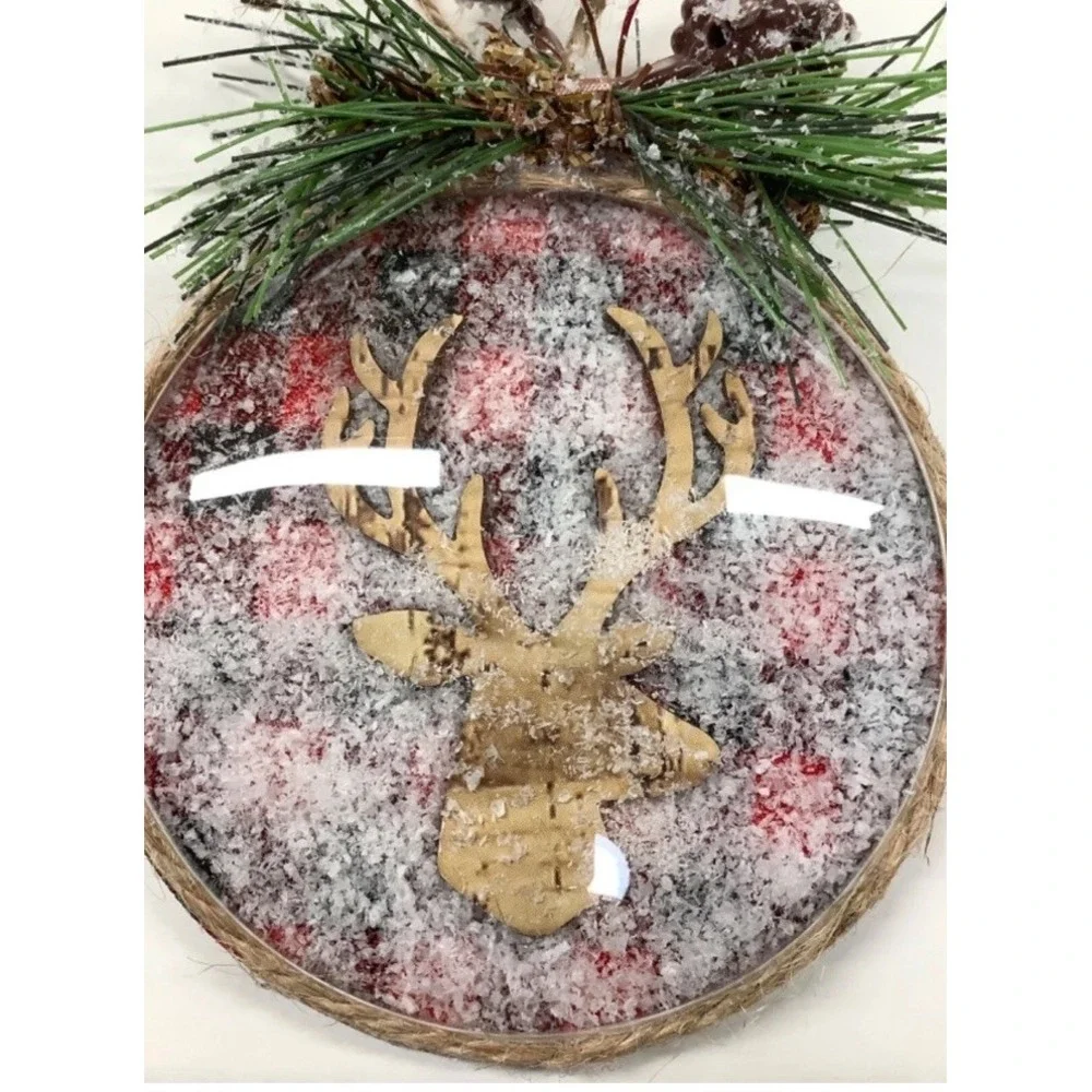 New Set Of 4 Snow Globe Plaid Deer Christmas Ornament Pine‎ Berries Farmhouse 4